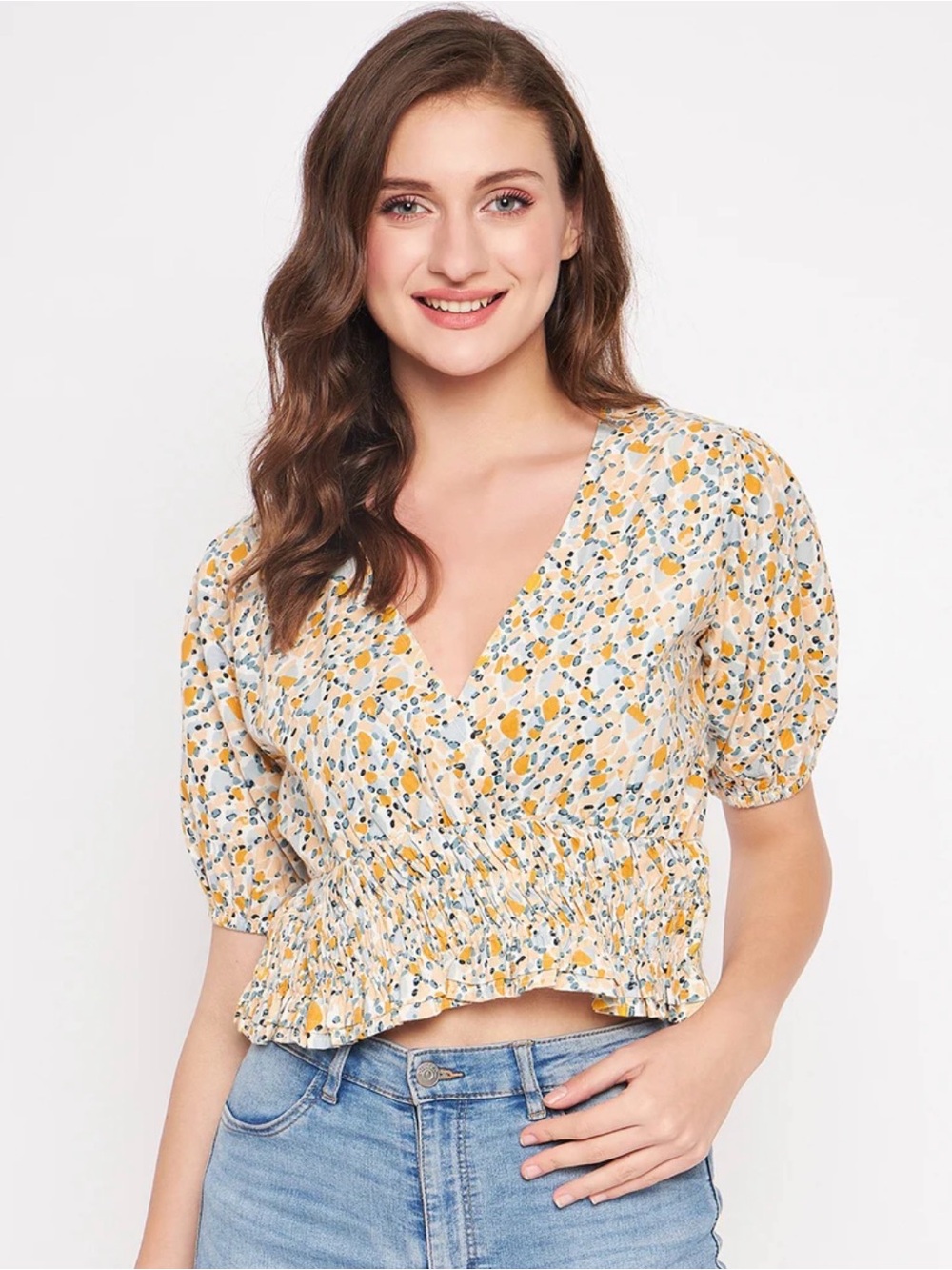 Sim & Sam NWT Yellow Print Size XL V-Neck Gathered Elastic Waist Top